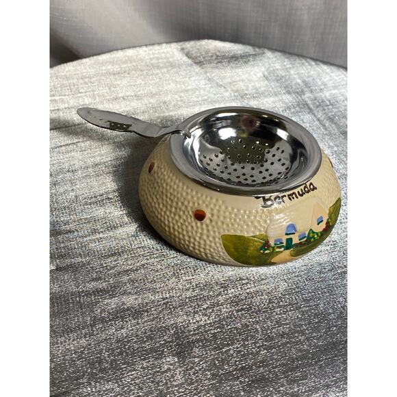 VTG 70s Bermuda Souvenir Tea Bag Holder Strainer 3.5 in beige green blue GC L#2 - Picture 2 of 10